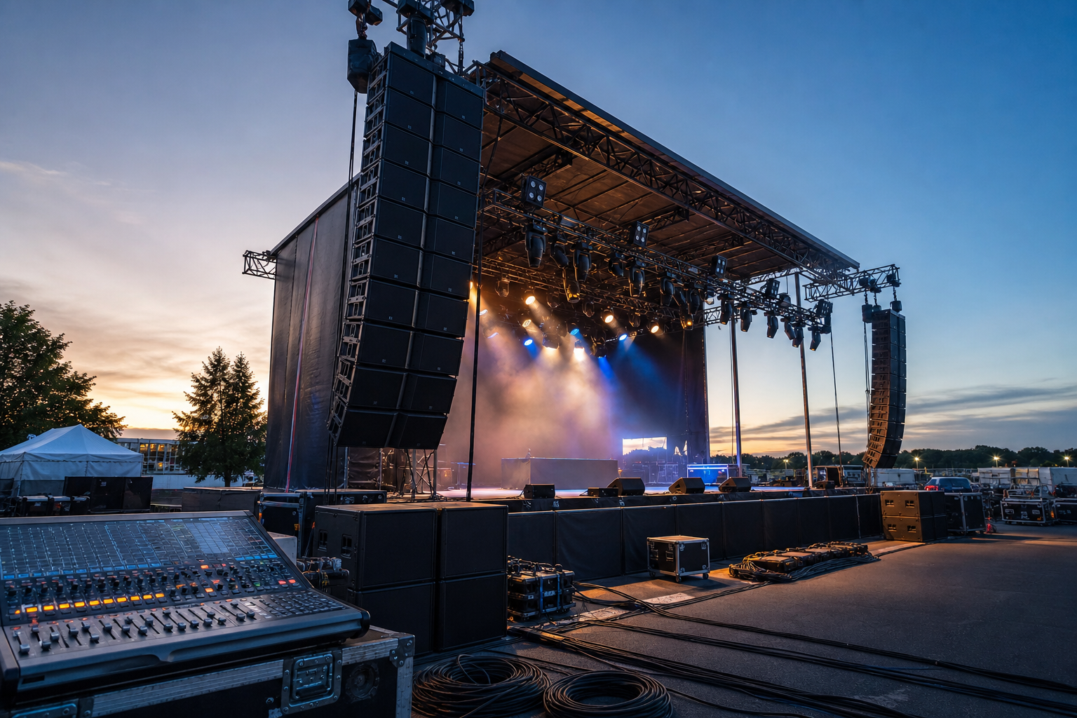 Impianto PA con casse line-array su un palco per un evento live