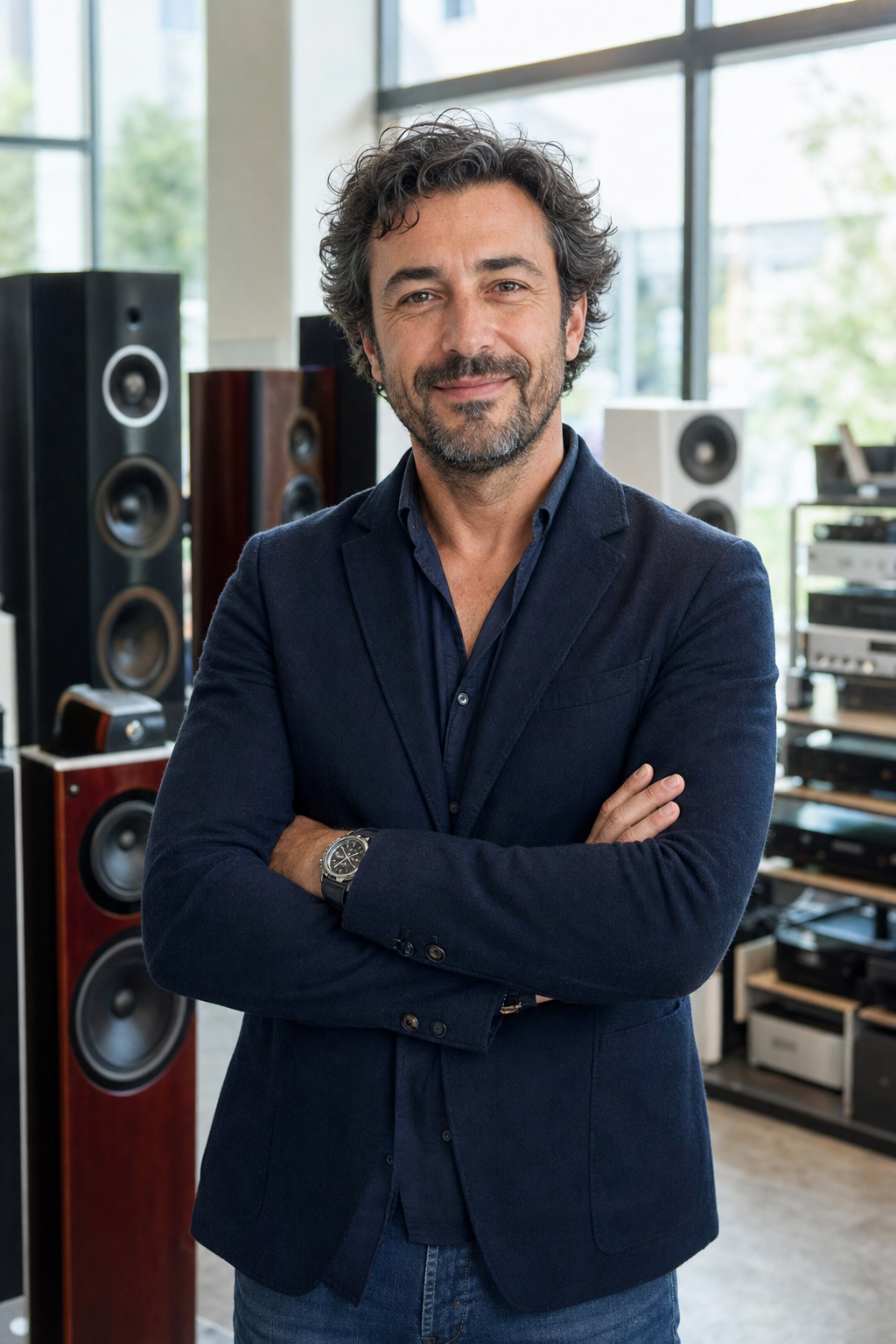Filippo Amato, titolare di Altoparlante, nel suo showroom audio a Cesena
